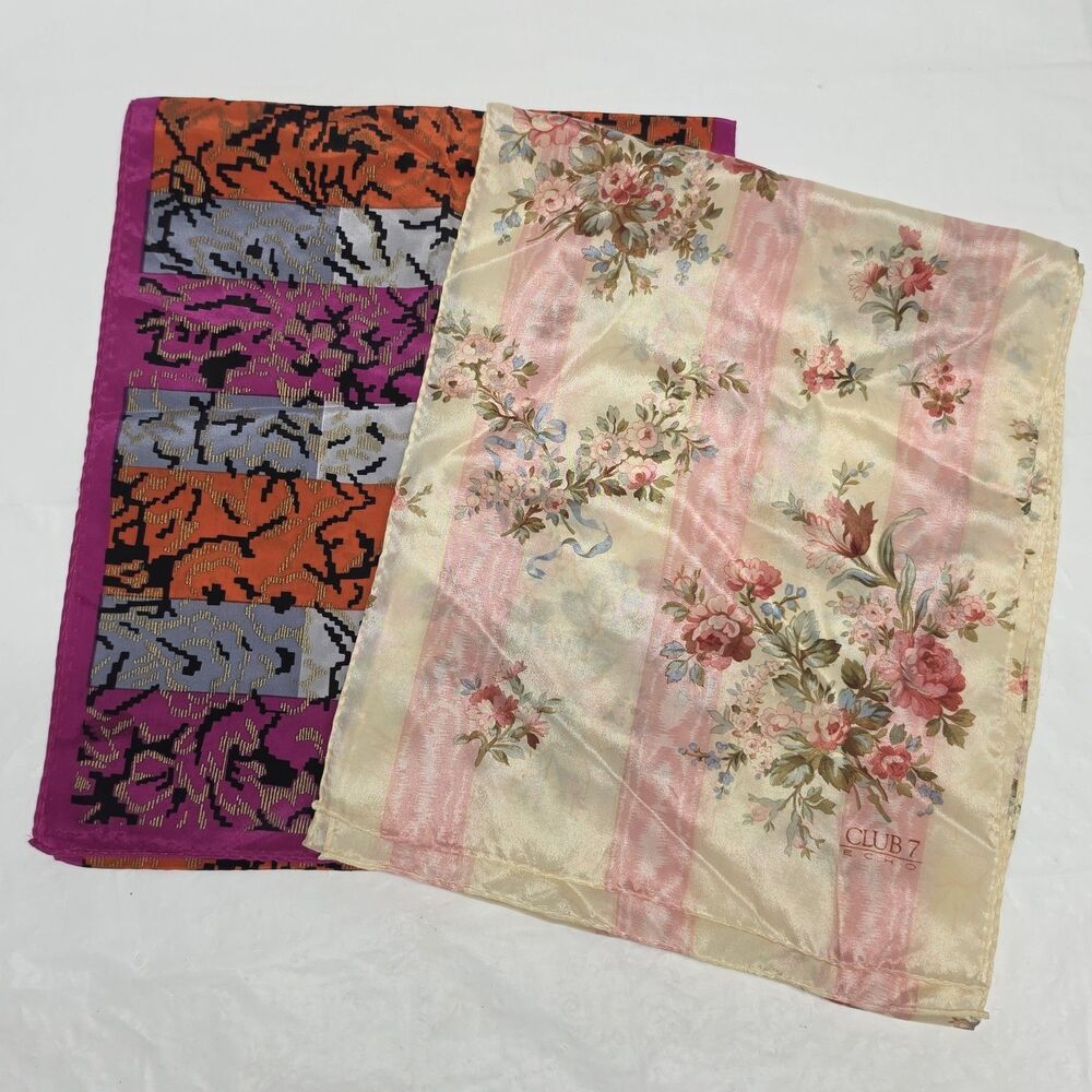Silk Scarf Bundle Of 2 Floral Straped Scarves Cream Hot Pink By ECHO And Honey